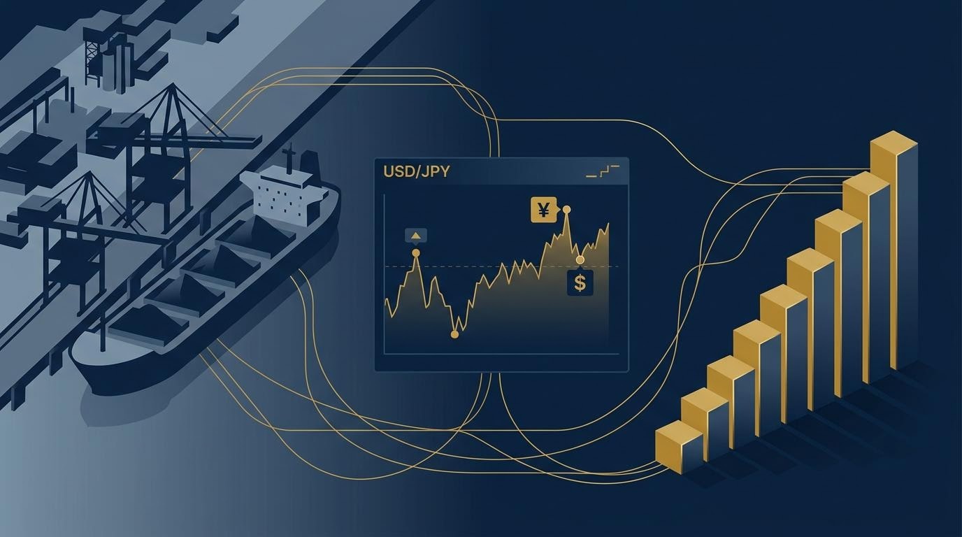 鉄鉱石・石炭の積み出しと円相場ボードを並べた編集ビジュアル