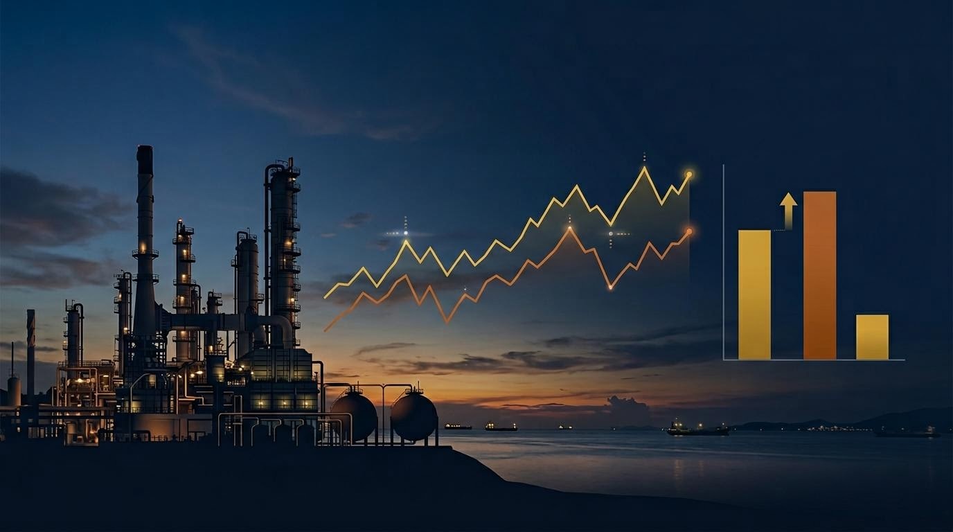 原油価格と精製セクターの関係を示す編集ノート用ビジュアル