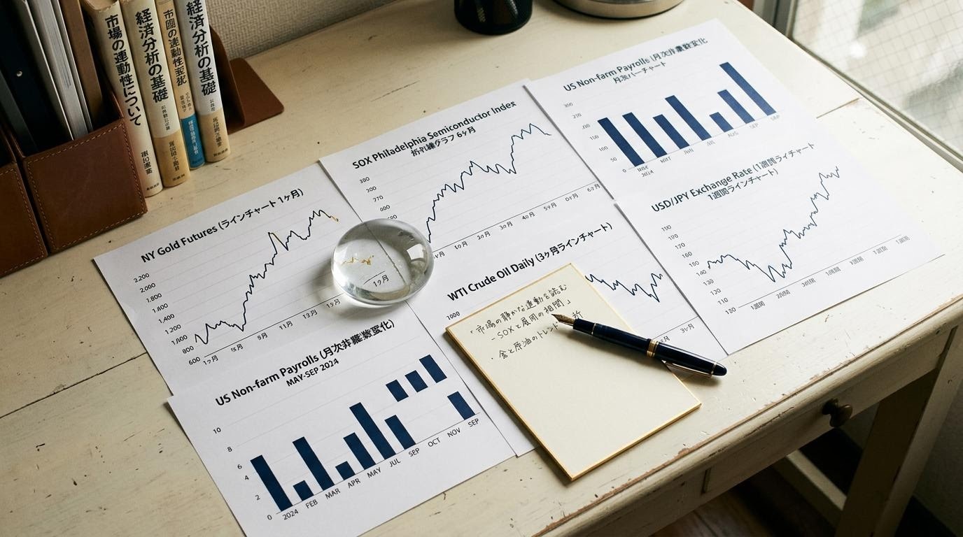NY金・SOX指数・為替のダッシュボードを静かに見つめる編集デスクのイメージ