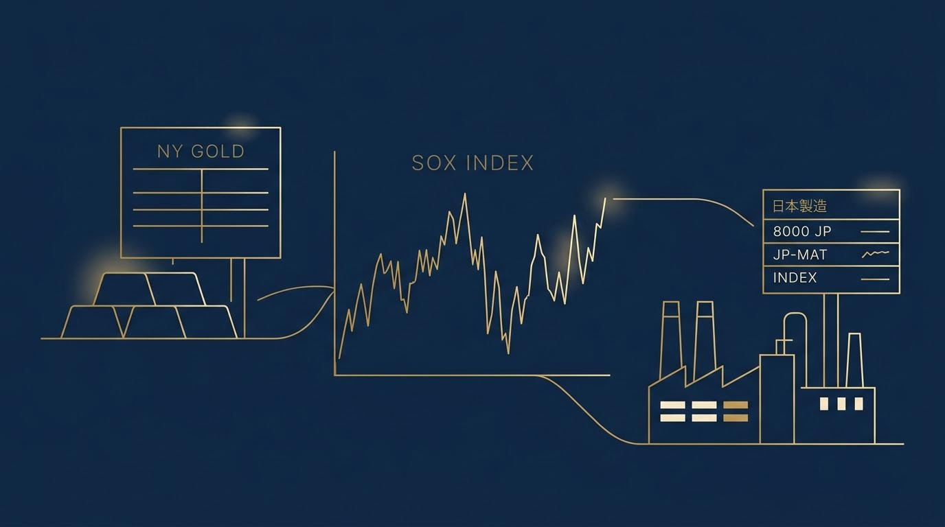 NY金の価格ボードとSOX指数のチャート、日本の素材株ティッカーを並べた編集ビジュアル